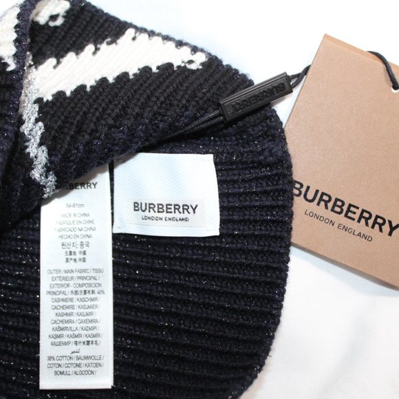 NWT Burberry Chevron Dark Charcoal Blue Knit Beanie Cap Hat O/S 54 61 c… - Picture 4 of 7